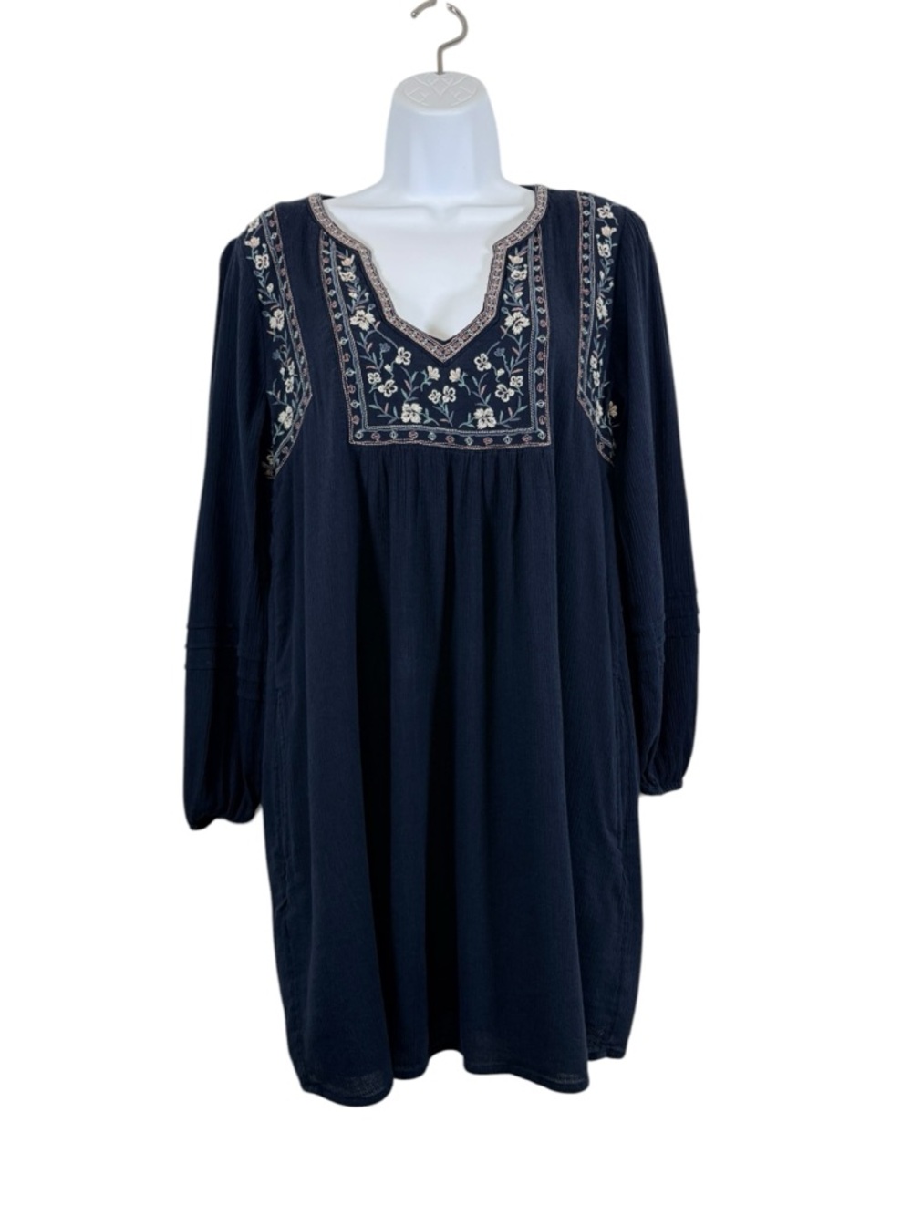 Abercrombie & Fitch Navy Embroidered V-Neck Long Sleeve Tunic Dress SzM Peasant